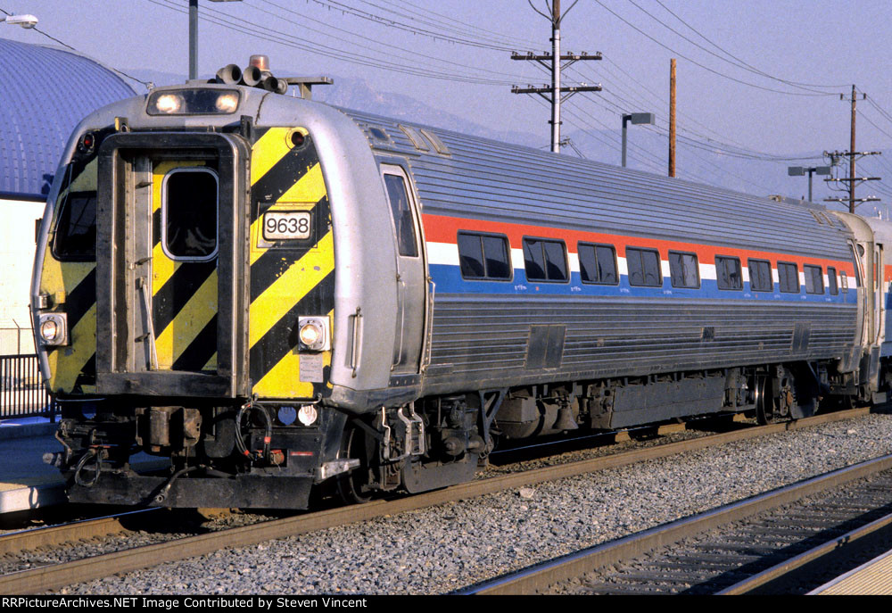 Amtrak ex Metroliner cab car AMTK 9638 leading into LA at Burbank Airport station.